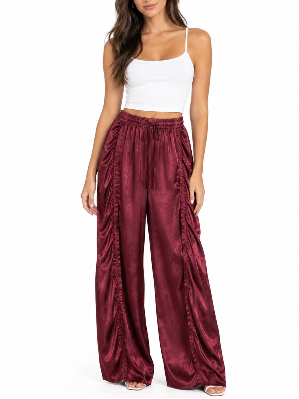 BB Dakota Burgundy Wide Leg Satin Pull On Pant Size Large